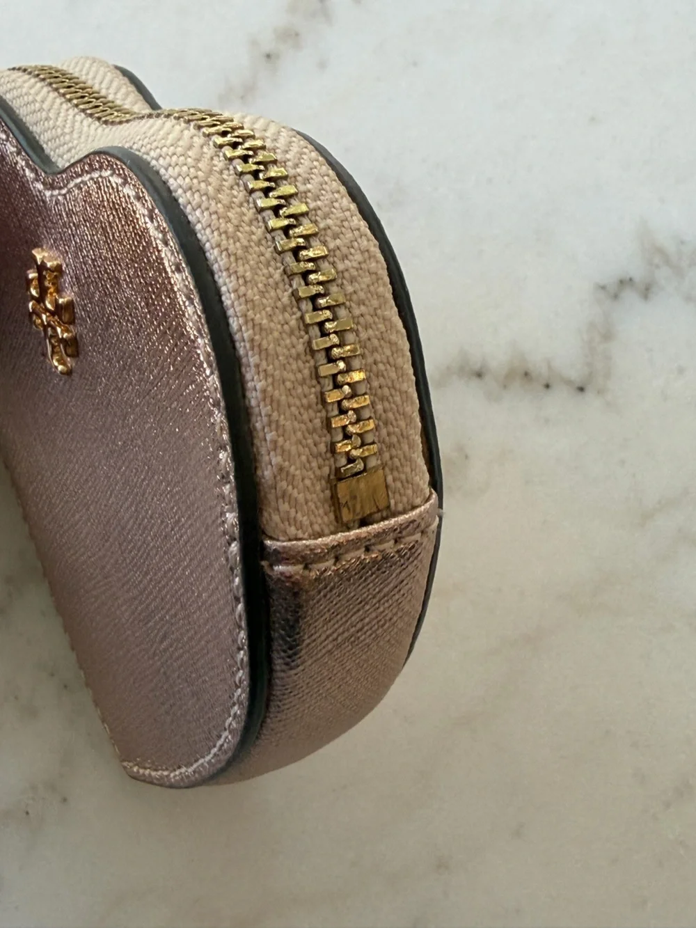 Tory Burch Metallic Rose Gold Heart Leather Coin Purse Keychain Charm NWT